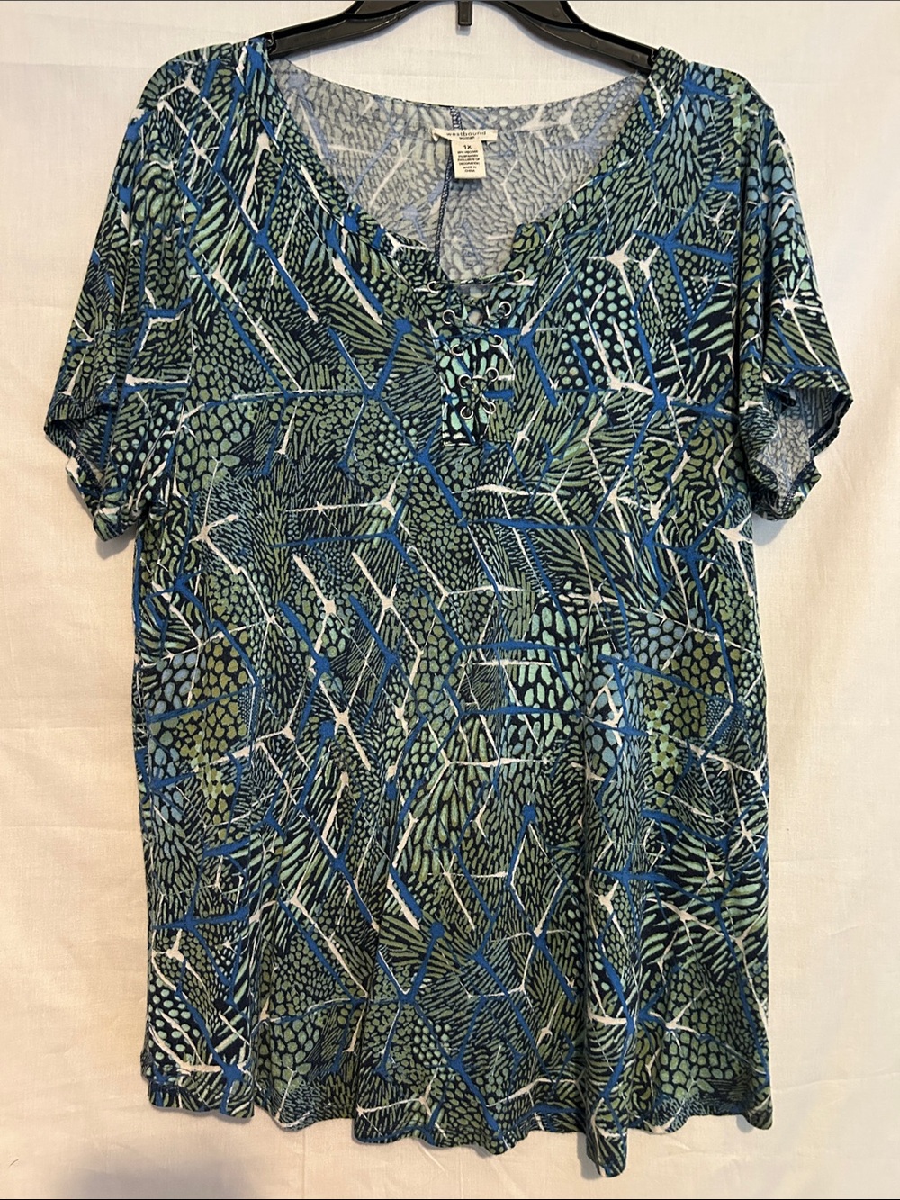 Westbound Blue & Green Abstract Print Short Sleeve Top